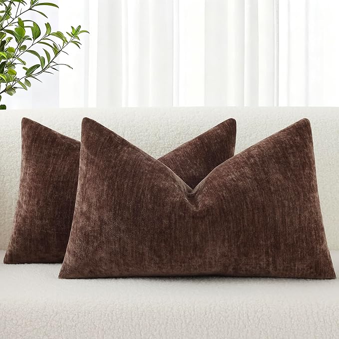 decorUhome Chenille Brown Throw Pillow Covers 12x20 Inch Set of 2, Decorative Soft Couch Pillow Covers Solid Dyed Accent Velvet Farmhouse Neutral Rectangle Pillow Cases for Sofa Bed Living Room