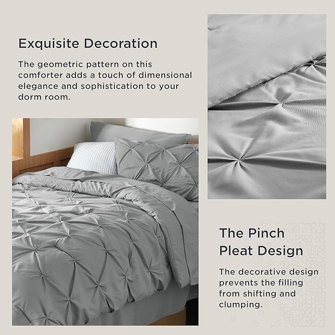 Bedsure Twin XL Comforter Set - Extra Long 5 Pieces Dorm Bedding Sets, GentleSoft™ Pinch Pleat Grey Bed in a Bag with Pintuck Comforter, Sheets, Pillowcase & Sham