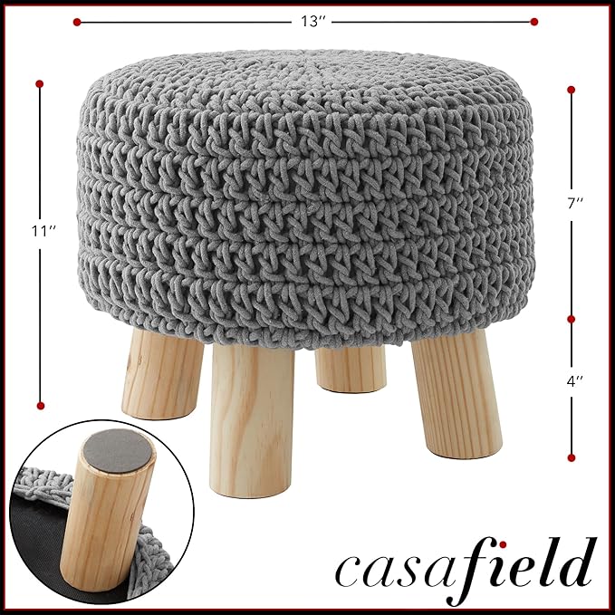 Casafield Pouf Ottoman Footstool, 13" Round x 11" High, Hand-Knitted Cotton Footrest, Non-Skid Wood Legs, Boho Foot Stool for Living Room, Bedroom (Light Gray)