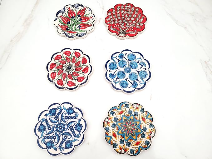 Turkish Ceramic Plate Absorbent Daisy Desing Coasters for Drinks House Warming,Living Room Decoration Gift Set of 6 No Holder,Oversize Better Protects Furniture from Damage (Multi 3)