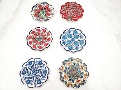 Turkish Ceramic Plate Absorbent Daisy Desing Coasters for Drinks House Warming,Living Room Decoration Gift Set of 6 No Holder,Oversize Better Protects Furniture from Damage (Multi 3)