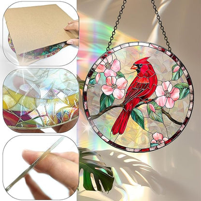 Bimkole Red Bird Sun Catchers Indoor Window - Flowers Acrylic Suncatcher Hanging Decoration for Living Room Bedroom Summer Home Balcony Outdoor Garden Ornaments Decoration 7.8x7.8 Inch