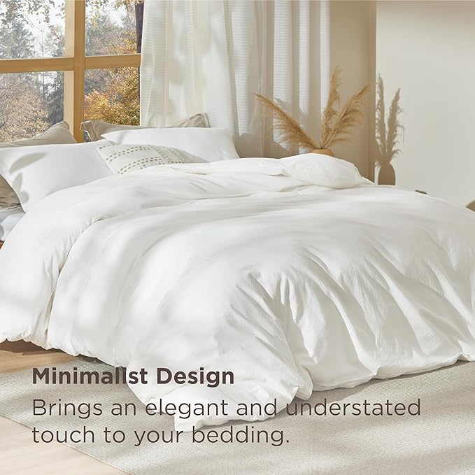 Bedsure 100% Stone Washed Cotton Duvet Cover Queen Size - White Minimalist Cotton Duvet Cover Linen Like for All Seasons - GentleSoft™ Plain Simple Bedding (White, Queen, 90"x90")