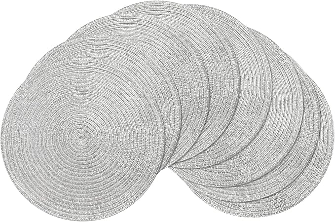 SHACOS Christmas Glitter Silver Placemats Set of 8 Sparkle Bling 15 inch Round Braided Table Mats Washable Place Mats for Dining Table Home Table Decor (Silver, 8)