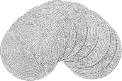 SHACOS Christmas Glitter Silver Placemats Set of 8 Sparkle Bling 15 inch Round Braided Table Mats Washable Place Mats for Dining Table Home Table Decor (Silver, 8)