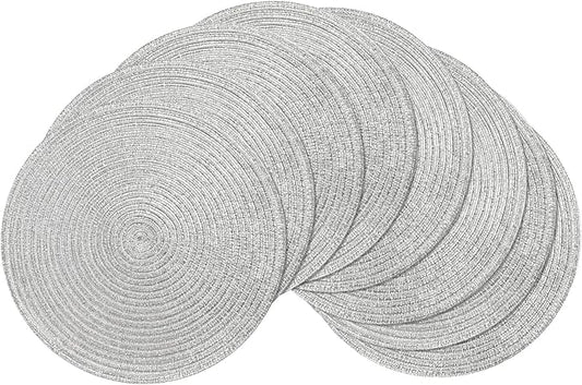 SHACOS Christmas Glitter Silver Placemats Set of 8 Sparkle Bling 15 inch Round Braided Table Mats Washable Place Mats for Dining Table Home Table Decor (Silver, 8)