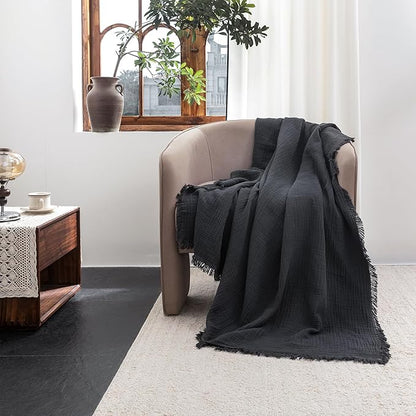 FOSSA Muslin Blanket with Fringe - 4-Layer 100% Cotton Gauze Super Soft & Breathable Throw -Lightweight Decorative Cooling Blanket for Bed, Sofa, Office -Twin XL Size 90" × 66" (Dark Gray)