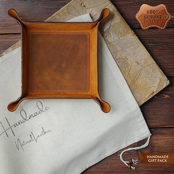 Handmade Leather Catch All Tray and Organizer for Keys, Phones, Jewels, Coins, Square - Small, Light Camel
