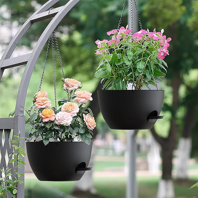 Set of 3-10 Inch Self Watering Hanging Planters for Indoor & Outdoor，Hanging Plant Pots with Drainage & Removable Tray, Modern Hanging Pots Holder for Ivy, Spider Plants, Ferns, Balcony & Patio, Black