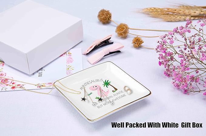 Mother's Day Gift for Aunt-Baby Announcement Gift-Baby Gift Shower-Christmas Gifts-Auntie Gift-Look Like A Normal Auntie,Funny Auntiesaurus Gift-Ceramic Jewelry Holder Box Ring Dish Trinket Tray