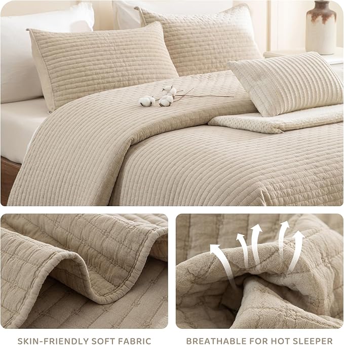 Sanracie Stonewashed Cotton Coverlet King Size(110"x98"), Dark Wheat Colored Cross Stitch Pattern Quilt Bedding Set 3Pcs Extra Soft Breathable Crinkle Quilted Bedspread Set for All Season