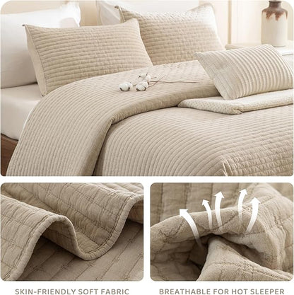 Sanracie Stonewashed Cotton Coverlet Queen Size(90"x98"), Ultra Soft Dark Wheat Color Crinkle Quilt Bedding Set 3Pcs Cross Stitch Pattern Lightweight Breathable Bedspread Set for All Season
