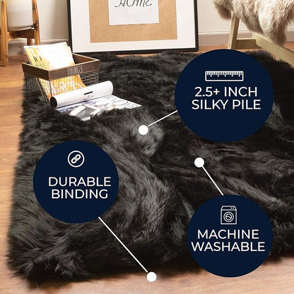 Super Area Rugs Ultra Soft & Fluffy Faux Sheepskin Rug, Black 3 x 5 Feet Carpet for Bedroom Living Room