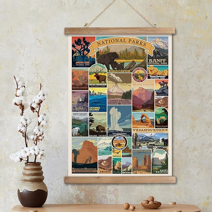 XIAOAIKA USA National Parks Retro Poster Collection - Illustrated Travel Destinations with Wooden Hanger - Vintage Wall Art for Outdoor Enthusiasts and Explorers 20 x 30 Inches
