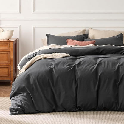 Bedsure 100% Washed Cotton Duvet Cover Oversized King - Charcoal Minimalist Cotton Duvet Cover Linen Like for All Seasons - GentleSoft™ Plain Simple Bedding (Charcoal, Oversized King, 120"x98")