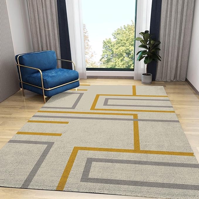 Modern Yellow and Grey Irregular Lines Area Rug, Abstract Geometric Art Rugs, Indoor Non-Slip Kids Rugs, Machine Washable Breathable Durable Carpet for Front Entrance Floor Decor,2 x 3ft