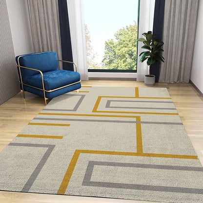 Modern Yellow and Grey Irregular Lines Area Rug, Abstract Geometric Art Rugs, Indoor Non-Slip Kids Rugs, Machine Washable Breathable Durable Carpet for Front Entrance Floor Decor,3 x 5ft