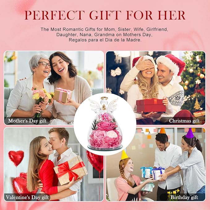 Gifts for Women Preserved Rose Forever Flower in Glass Angel Figurines Fresh Flowers for Delivery Prime Mothers Day Birthday Gifts for Mom Real Pink Roses for Grandma Sister Wife Her from Daughter