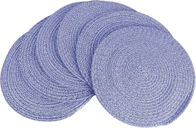 6Pcs Woven Placemats, Mix Blue Cotton Rope Woven Vintage Place Mats, 13.8'' Round Plate Chargers Wicker Tablemats Farmhouse Boho Braided Heat Resistant Outdoor Placemat for Patio Table Decor