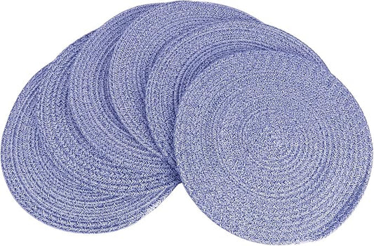 6Pcs Woven Placemats, Mix Blue Cotton Rope Woven Vintage Place Mats, 13.8'' Round Plate Chargers Wicker Tablemats Farmhouse Boho Braided Heat Resistant Outdoor Placemat for Patio Table Decor