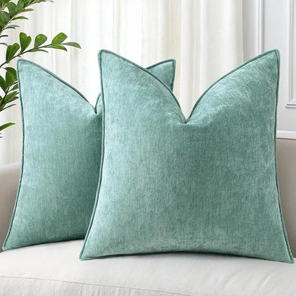 decorUhome Spring Couch Euro Sham Throw Pillow Covers 24x24 Set of 2, Decorative Soft Velvet Neutral Chenille Pillow Covers with Elegant Design for Sofa Bed Living Room Home Decor, Aqua Haze