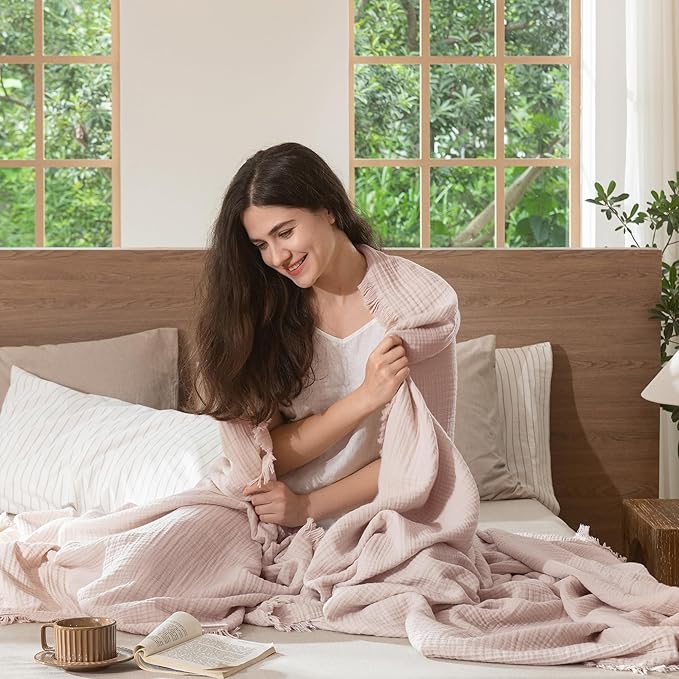 MooMee Muslin Blanket - 100% Cotton 4-Layer Gauze Throw Blanket with Tassels Ultra-Soft Breathable Lightweight Cooling for Bed Couch (Greyish Pink,Throw 60" x 50")