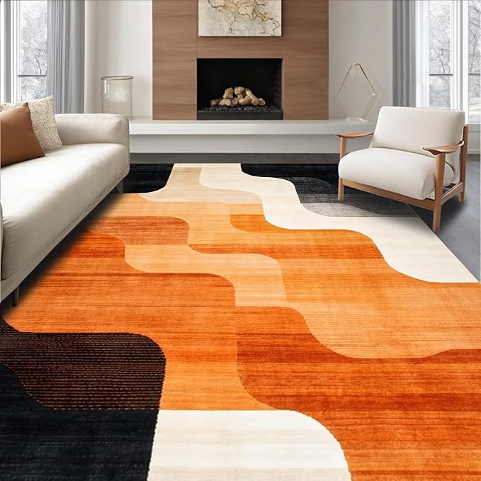 Flatwoven High Traffic Area Rug 8x10, Copper Black Burnt Orange Abstract Indoor Floor, Non Slip, Stain Resistant, Washable Area Rugs for Living Room, Bedroom (Beige, 8x10)