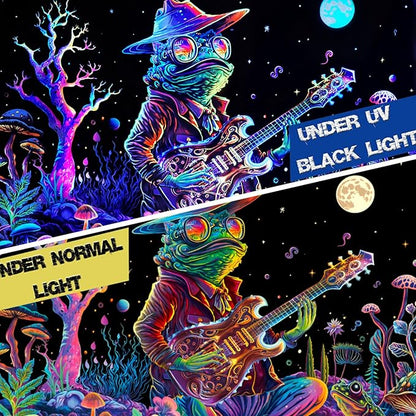 Galoker Blacklight Frog Tapestry Fantasy Neon Mushroom Tapestries UV Reactive Plant Floral Wall Tapestry Galaxy Space Tapestries Wall Hanging for Home Decor(H70.8×W92.5 inches)