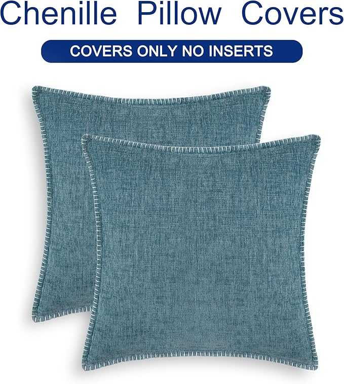 CaliTime Throw Pillow Covers Decorative 18 X 18 Inches Pack of 2 Cotton Thread Stitching Edges Solid Dyed Soft Chenille Cushion Cases for Couch Sofa Bed Living Room Farmhouse Smoke Blue