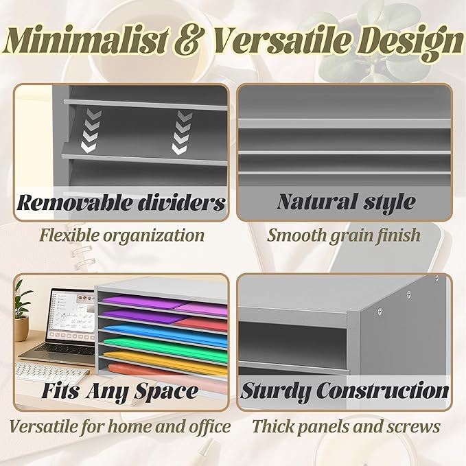 PROLEE Construction Paper Organizer 20" x 13.5" x12.2",Soild Wooden Paper Organizer with 6-Tier Letter Trays, Desktop File Papers Sorter for Home, Classroom and Office (Gray)