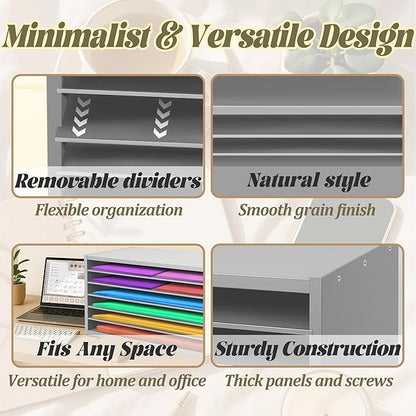 PROLEE Construction Paper Organizer 20" x 13.5" x12.2",Soild Wooden Paper Organizer with 6-Tier Letter Trays, Desktop File Papers Sorter for Home, Classroom and Office (Gray)