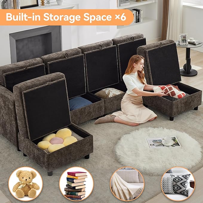 107'' Modular Sectional Sofa Convertible U Shaped Sofa Couch Set with Storage for Living Room, Modern 6 Seater Modular Sectional Couch with Movable Ottoman, Chenille Brown