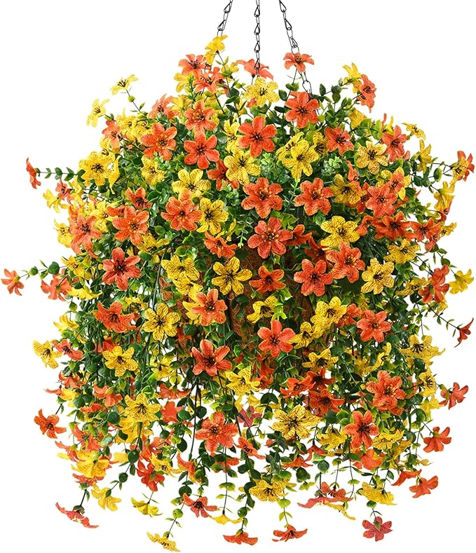INQCMY Artificial Fake Hanging Flowers Plants Baskets for Outdoor Fall Decoration,Faux Silk Flower in Planter UV Resistant Look Real for Home Outside Porch Garden Yard Patio Decor