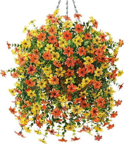 INQCMY Artificial Fake Hanging Flowers Plants Baskets for Outdoor Fall Decoration,Faux Silk Flower in Planter UV Resistant Look Real for Home Outside Porch Garden Yard Patio Decor