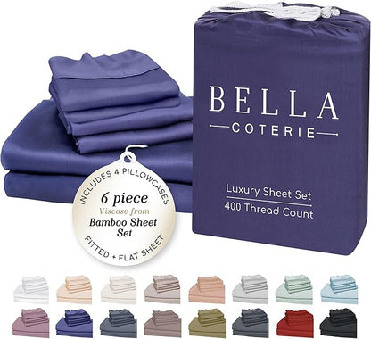 Bella Coterie 6 Piece Luxury Bamboo Viscose Queen Size Sheet Set | 100% Organically Grown | Cooling for Hot Sleepers | 18" Deep Pocket | Soft & Hypoallergenic | 4 Pillowcases [Twilight Blue]