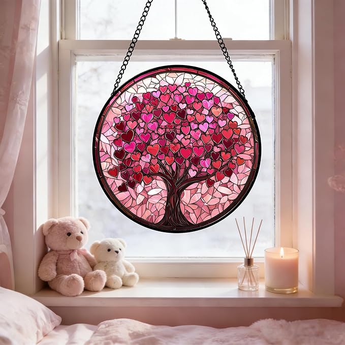DASTOLL Stained Glass Window Hanging, Pink Love Tree of Life Sun Catchers Colorful Glass Panel Suncatcher Decor for Birthday for Women, Men, Wife, Lovers, and Mom 9.8 in