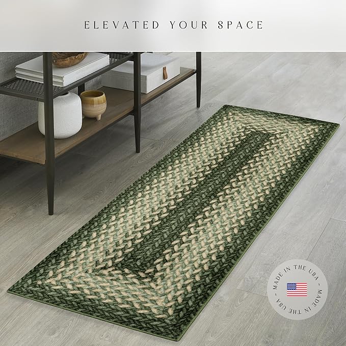 Maples Rugs Marion Bohemian Braided Design Print Runner Rug – Made in USA – Washable, Non Slip Indoor Carpet for Hallway, Kitchen, and Laundry Room, 2' x 6', Green