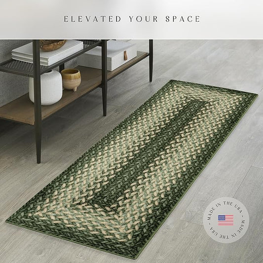 Maples Rugs Marion Bohemian Braided Design Print Runner Rug – Made in USA – Washable, Non Slip Indoor Carpet for Hallway, Kitchen, and Laundry Room, 2' x 6', Green