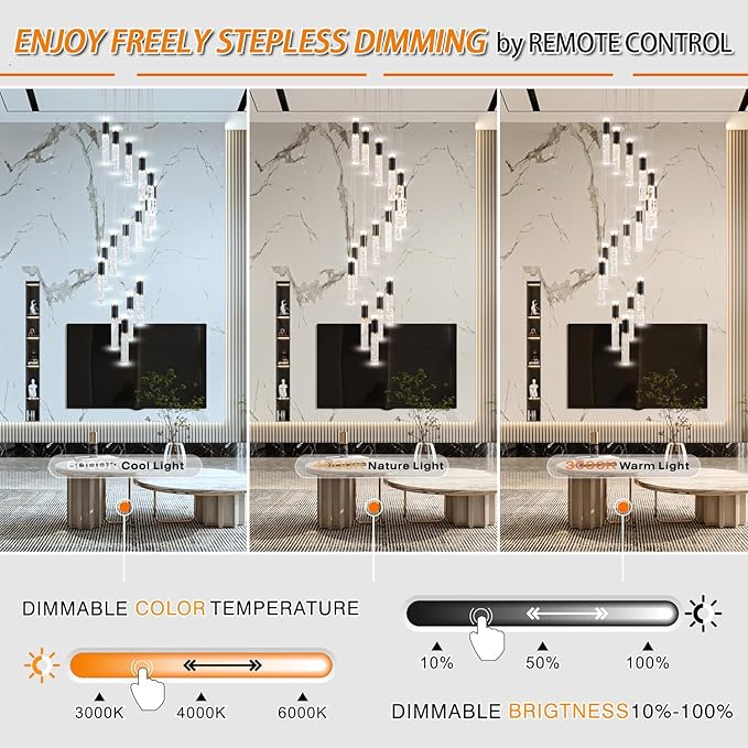 High Ceiling Long Chandelier for Staircase Crystal Drop Light for Living Room Foyer Hallway 3000K-6500K