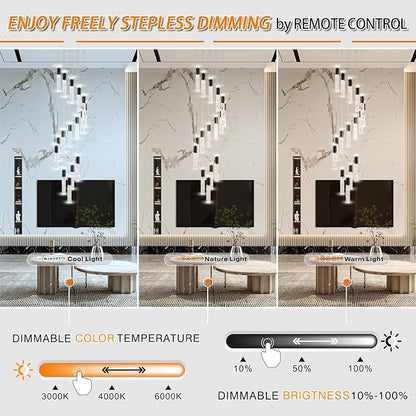 High Ceiling Long Chandelier for Staircase Crystal Drop Light for Living Room Foyer Hallway 3000K-6500K