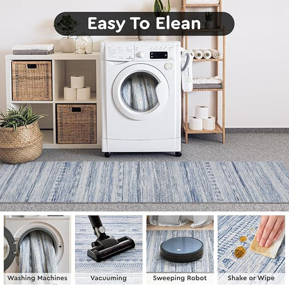 2x10 Runner Rug Machine Washable Non Slip Area Rug Distressed Neutral Moroccan Boho Rug Ultra Soft Floor Runners for Hallways for Entryway Laundry Room Kitchen, Blue