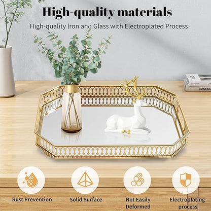 Vintage Gold Mirrored Vanity Mirror Tray Decorative Perfume and Makeup Organizer with Handles for Dresser,Bathroom or Jewelry Display, Decor Home Large Size