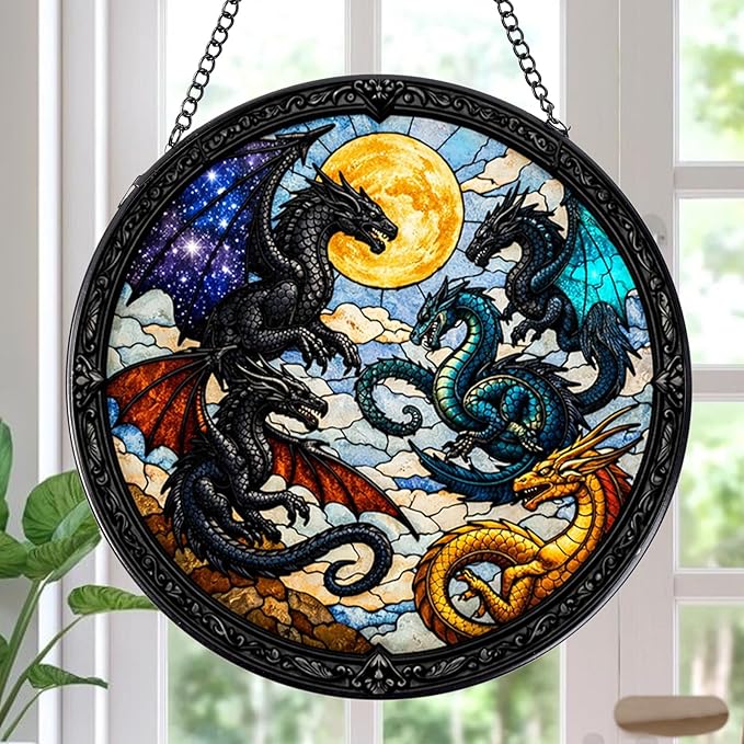 Rngmsi Stained Glass Window Hanging, 7.8″ Dragon Sun Catchers Art Decor Indoor Window, Decorative Suncatchers Hanging Ornaments Home Garden Birthday Gift for Men
