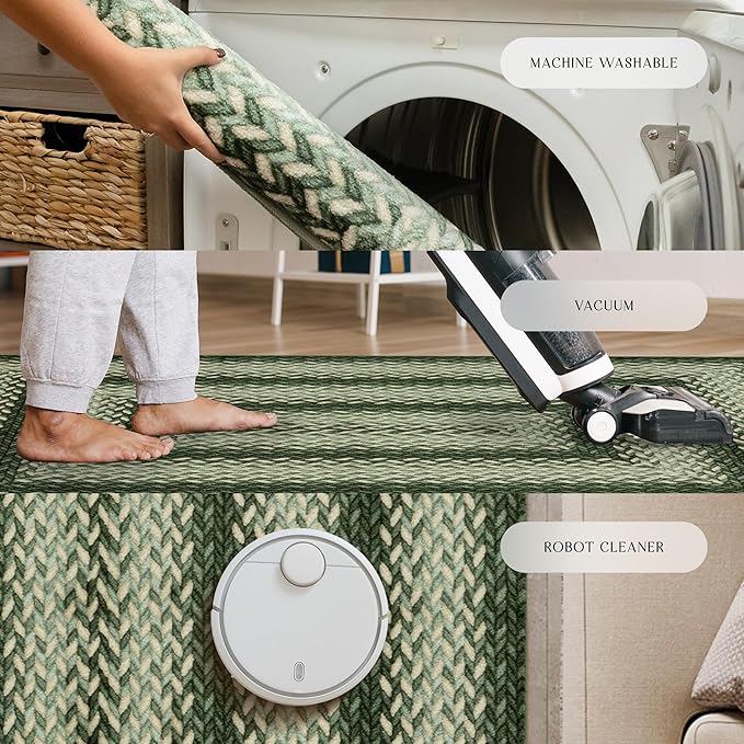Maples Rugs Marion Bohemian Braided Design Print Runner Rug – Made in USA – Washable, Non Slip Indoor Carpet for Hallway, Kitchen, and Laundry Room, 2' x 6', Green