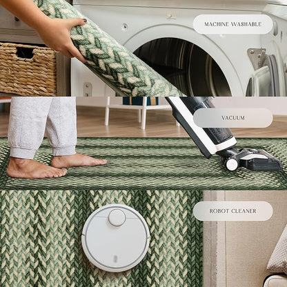 Maples Rugs Marion Bohemian Braided Design Print Runner Rug – Made in USA – Washable, Non Slip Indoor Carpet for Hallway, Kitchen, and Laundry Room, 2' x 6', Green