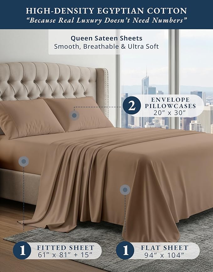 100% Egyptian Cotton Sheet Set Queen Size – Silky Sateen Weave Queen Sheet Set for Winter Sleep Comfort, 15" Snug Fit Deep Pocket, Breathable & Durable, Hotel-Quality Soft Luxury You Can Feel - Taupe
