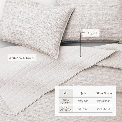 Great Bay Home King Size Light Grey 100% Cotton Honeycomb Waffle Quilt and Sham Set - Garment Washed, Waffle Weave Like Texture, Lightweight 3-Piece Bedding Set