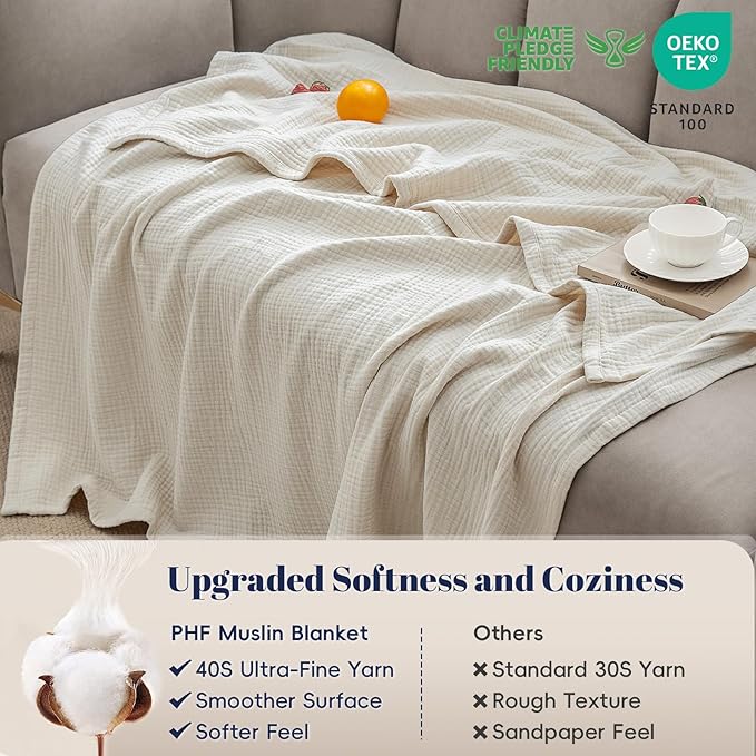 PHF 100% Cotton Muslin Throw XL Blanket Large 50" x 70", 4-Layer Lightweight Gauze Throw, Breathable Cloud-Soft Minimalist Blanket for Bed, Couch, Camping & Baby, Oat Milk, Ideal Gift