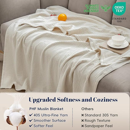 PHF 100% Cotton Muslin Throw Blanket 50" x 60", 4-Layer Lightweight and Breathable Blanket, Luxuriously Soft Gauze Throws for Couch Bed Sofa, Ideal Gift Choice, Oat Milk
