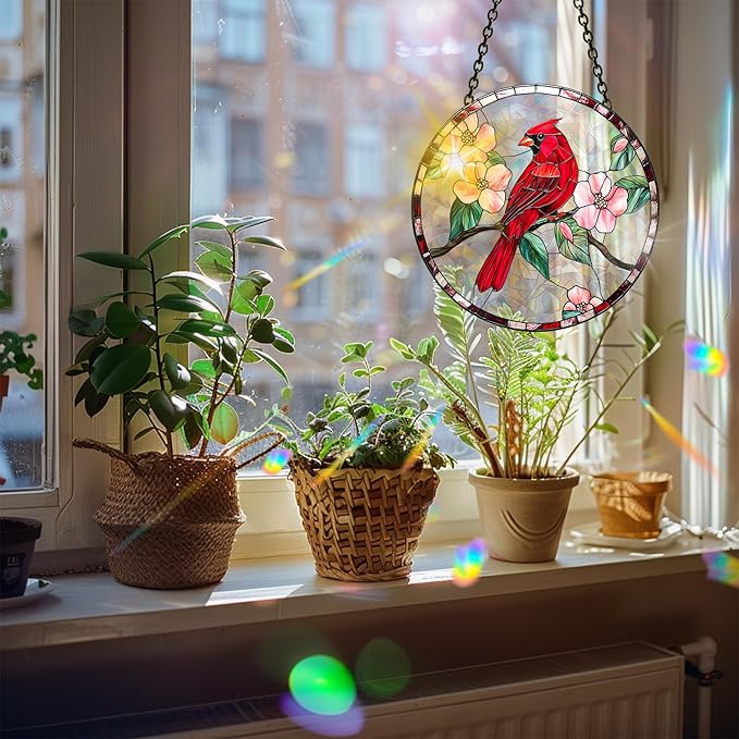 Bimkole Red Bird Sun Catchers Indoor Window - Flowers Acrylic Suncatcher Hanging Decoration for Living Room Bedroom Summer Home Balcony Outdoor Garden Ornaments Decoration 7.8x7.8 Inch